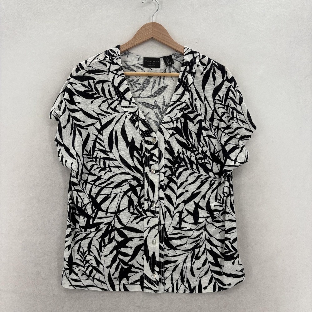 Tahari Blouse Womens XL Gray Floral Linen Lyocell V Neck Button Short Sleeve Top